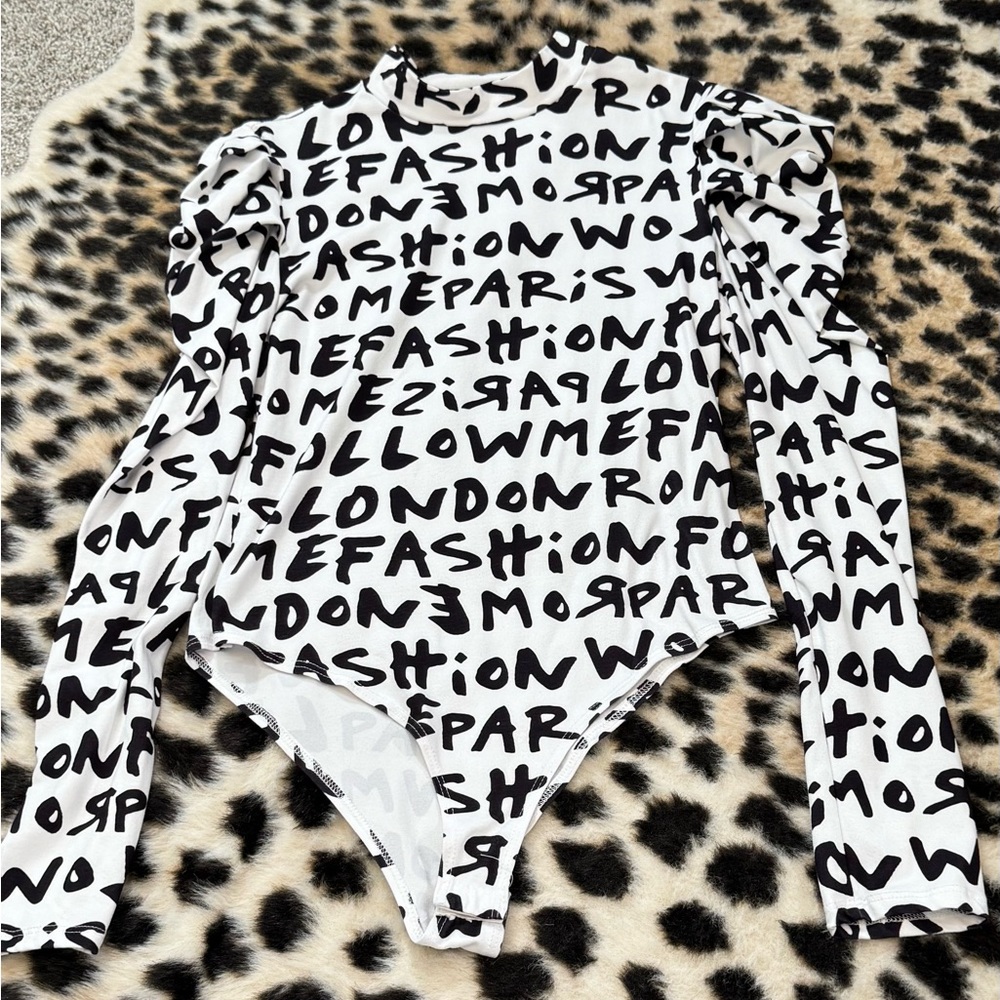 Fashion Nova Black and White Graphic Bodysuit
